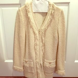 St John Knit Boucle Fringe Zippered Jacket Cream